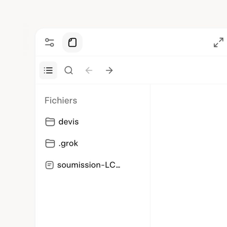 Panneau Fichiers du projet : dossiers devis, .grok, et PDF de soumission