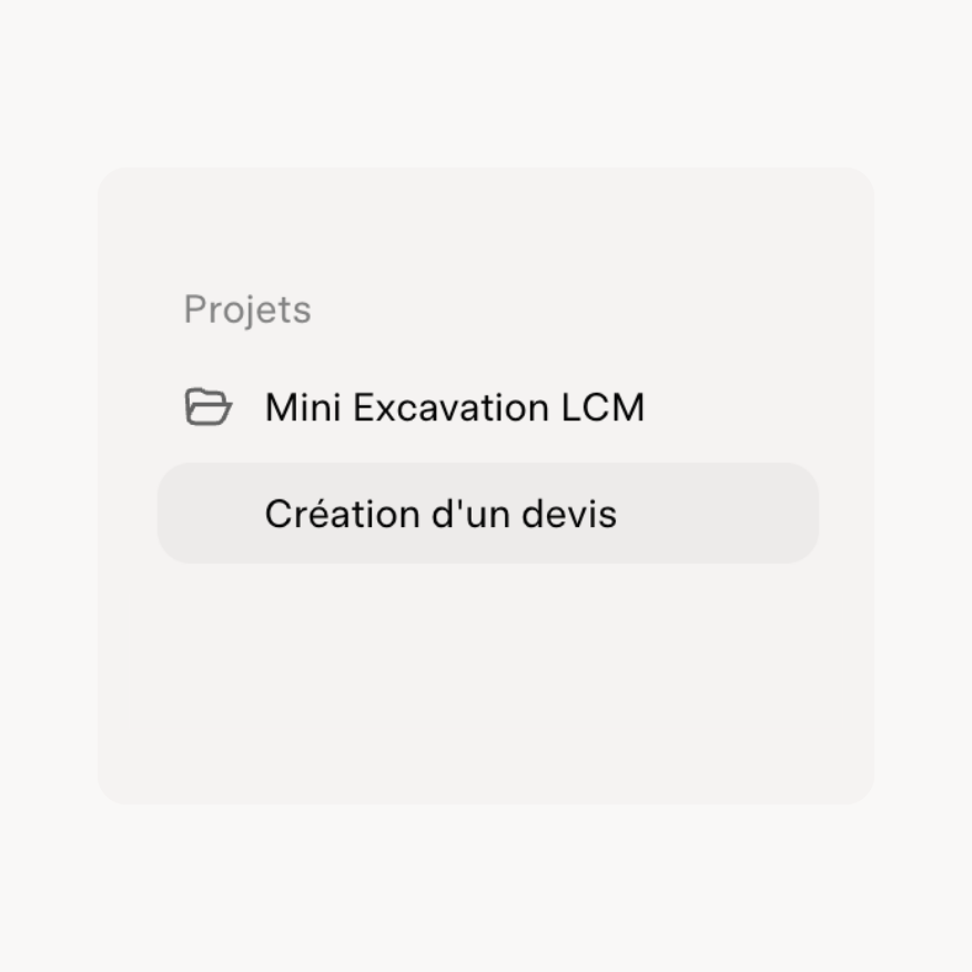 Sidebar Projets Grok : Mini Excavation LCM, conversation Création d’un devis