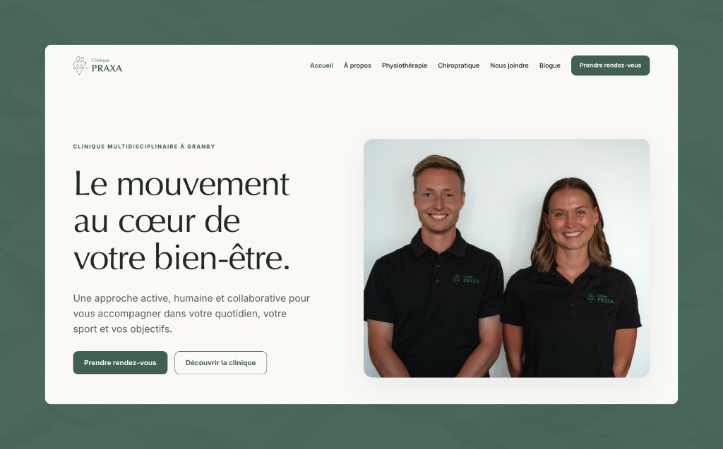 Clinique Praxa website homepage: the headline, the two services and online booking
